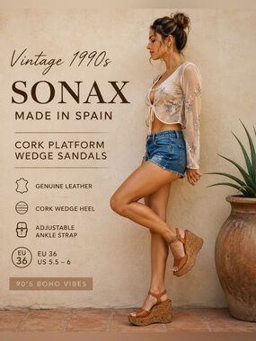 VTG 90s  Sonax Spain Cork Platform Wedge Sandals EU 36 US 5.5-6 Cognac Leather